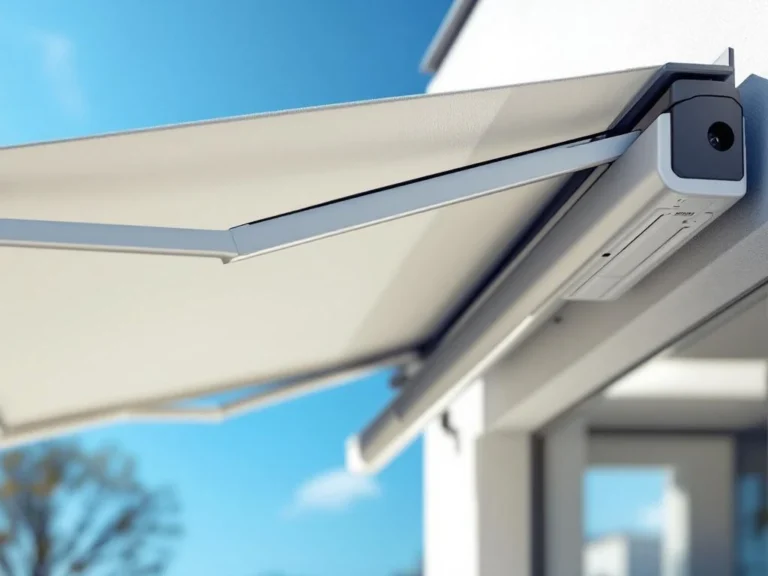Moderne elektrische knikarmscherm met witte stof en aluminium armen gemonteerd op gebouwgevel tegen blauwe hemel