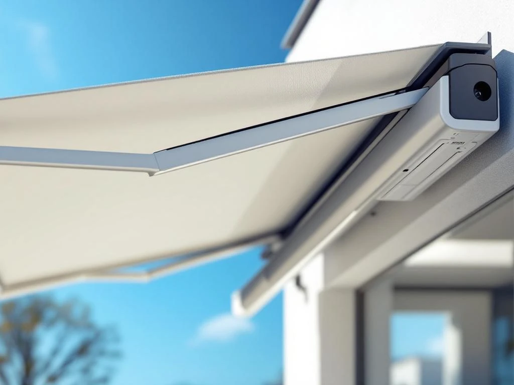 Moderne elektrische knikarmscherm met witte stof en aluminium armen gemonteerd op gebouwgevel tegen blauwe hemel