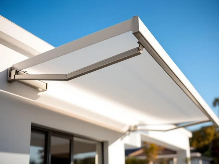 Witte elektrische uitschuifbare zonwering met afstandsbediening gemonteerd op modern huis tegen blauwe hemel