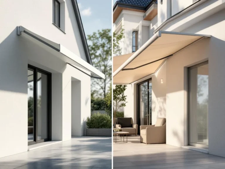 Vergelijking van knikarm en uitvalscherm zonwering op modern huis, toont structurele verschillen en kwaliteit