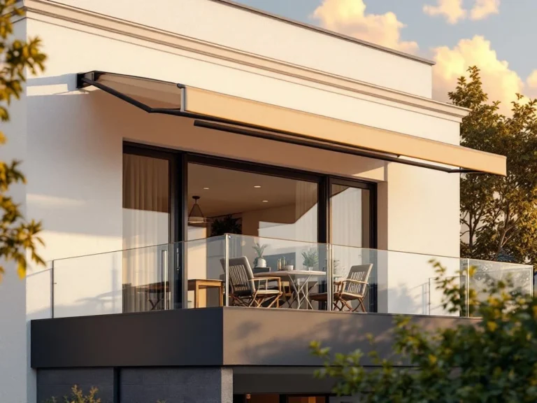 Moderne knikarm zonwering met beige doek gemonteerd op wit gebouw, uitgestrekt boven terras bij zonsondergang