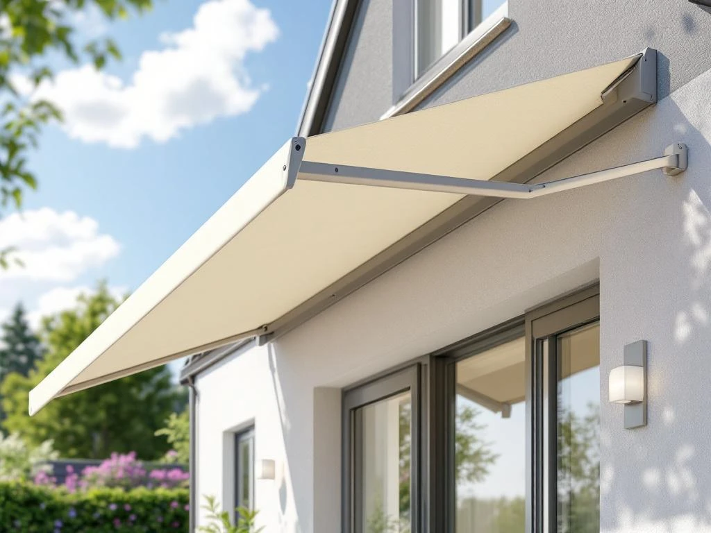 Knikarmscherm met gearticuleerde steun armen gemonteerd op moderne huisgevel boven zonnig terras