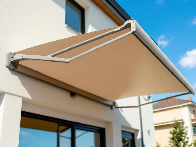 Moderne uitschuifbare knikarmscherm in beige/grijs gemonteerd op eigentijds gebouw met terras en blauwe lucht