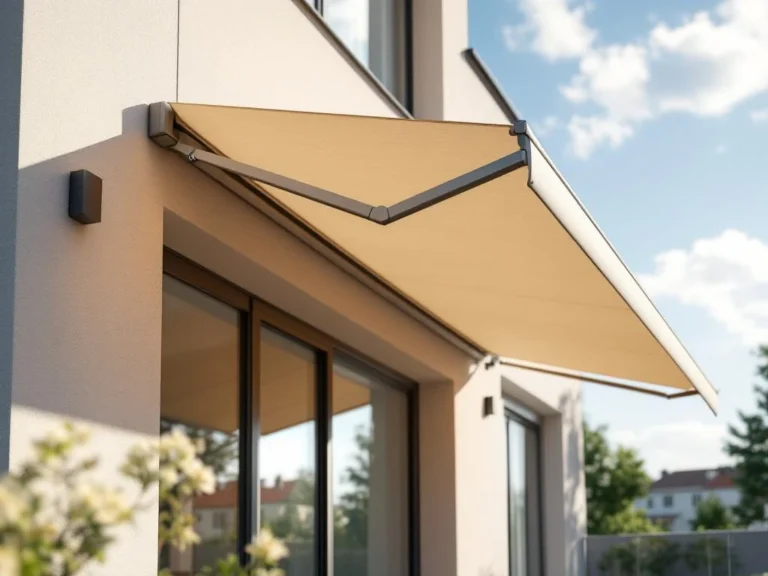 Moderne beige knikarmscherm gemonteerd aan gebouwgevel werpt schaduw op terras bij zonnig weer