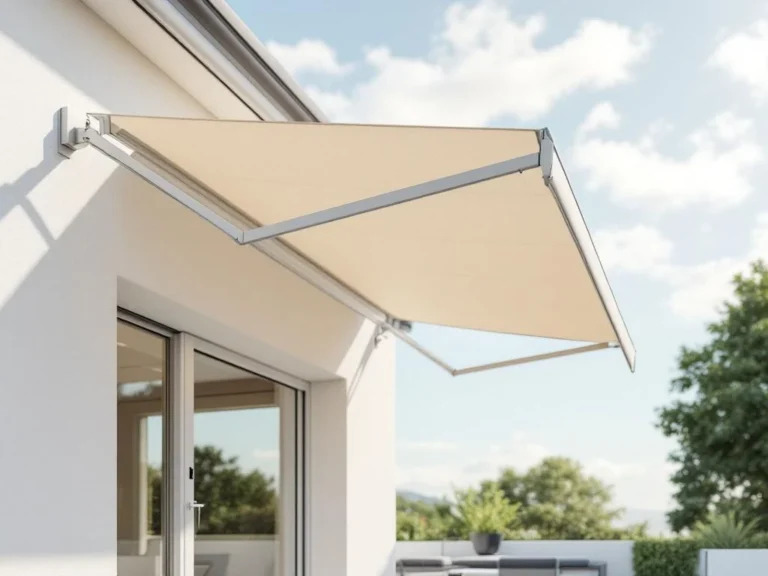 Moderne knikarmscherm in beige uitgevouwen aan hedendaagse gevel, werpt schaduw op terras bij zonnige dag