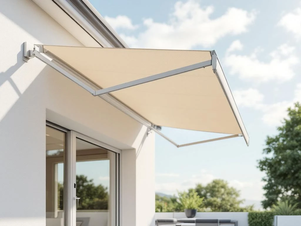 Moderne knikarmscherm in beige uitgevouwen aan hedendaagse gevel, werpt schaduw op terras bij zonnige dag