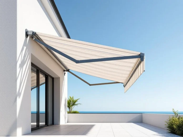 Moderne knikarmscherm met gestreept zonnedoek gemonteerd op gebouwgevel, twee uitklapbare armen werpen schaduw op terras