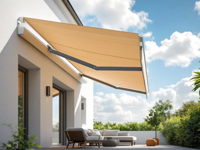Moderne knikarmscherm met beige doek op wit gebouw biedt schaduw aan terras met tuinmeubelen onder blauwe hemel