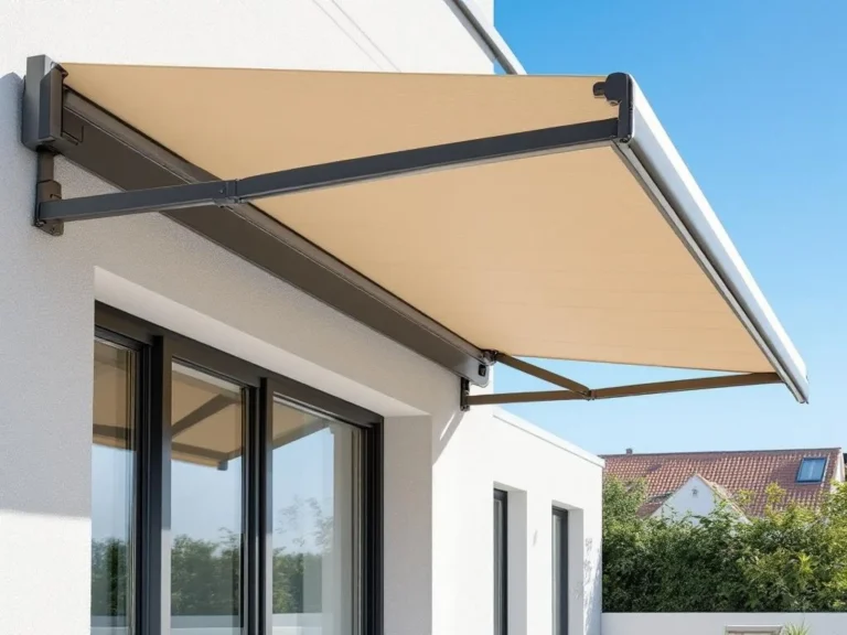 Knikarmscherm met twee zichtbare armen aan moderne gevel, beige stof boven zonnig terras tegen blauwe lucht