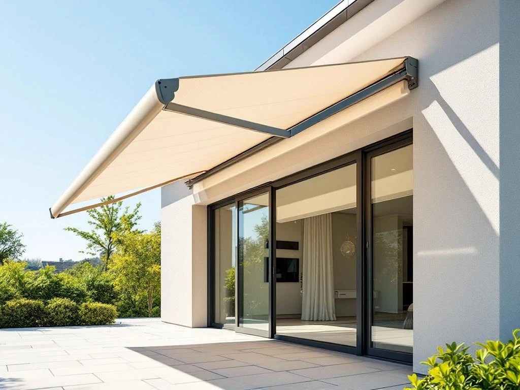 Moderne knikarmscherm met uitschuifbare armen gemonteerd aan hedendaagse gevel, gedeeltelijk uitgerold boven zonnig terras
