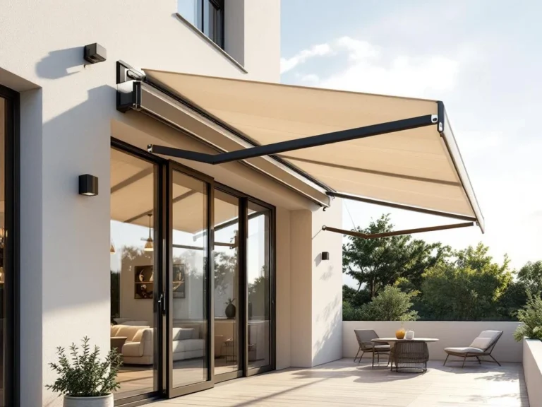 Moderne knikarmscherm met uitschuifbare armen gemonteerd aan gebouwgevel, neutrale stof over zonnig terras