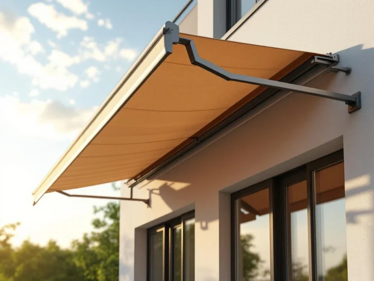 Knikarmscherm met gearticuleerde armen gemonteerd op moderne gevel, uitgestrekt over zonnig terras tegen blauwe lucht
