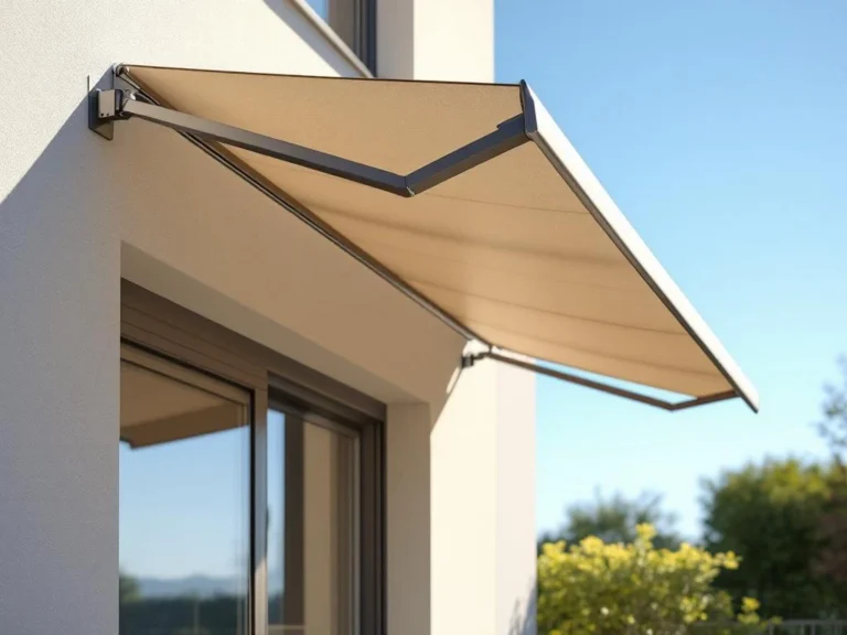 Moderne knikarmscherm met beige zonnedoek gemonteerd aan hedendaagse gevelbekleding op zonnig terras