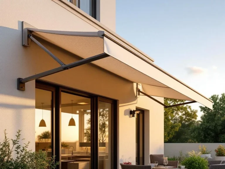 Moderne knikarmscherm met uitschuifbare armen aan eigentijdse gevel, neutrale kleuren, zonneterras tijdens gouden uur.