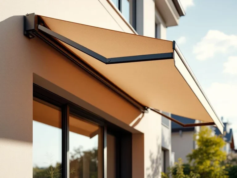 Moderne knikarmscherm met twee steunpalen gedeeltelijk uitgeschoven boven zonnig terras, strakke lijnen zonder valance.