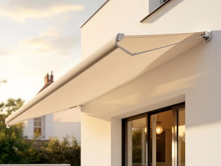 Moderne knikarmscherm met neutrale stof volledig uitgeschoven aan witte gevel, twee zichtbare armen, zonnig terras