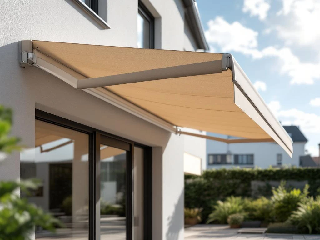 Knikarmscherm met twee uitklapbare armen gemonteerd op moderne gevel, beige doek gespannen in wind op zonnig terras