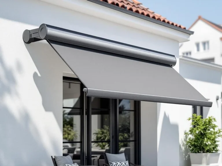 Moderne knikarmscherm met grijze stof gemonteerd op witte gevel boven hedendaags terras met tuinmeubilair