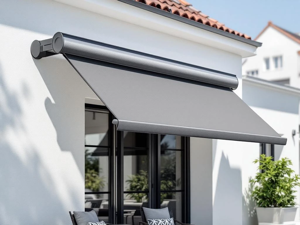 Moderne knikarmscherm met grijze stof gemonteerd op witte gevel boven hedendaags terras met tuinmeubilair