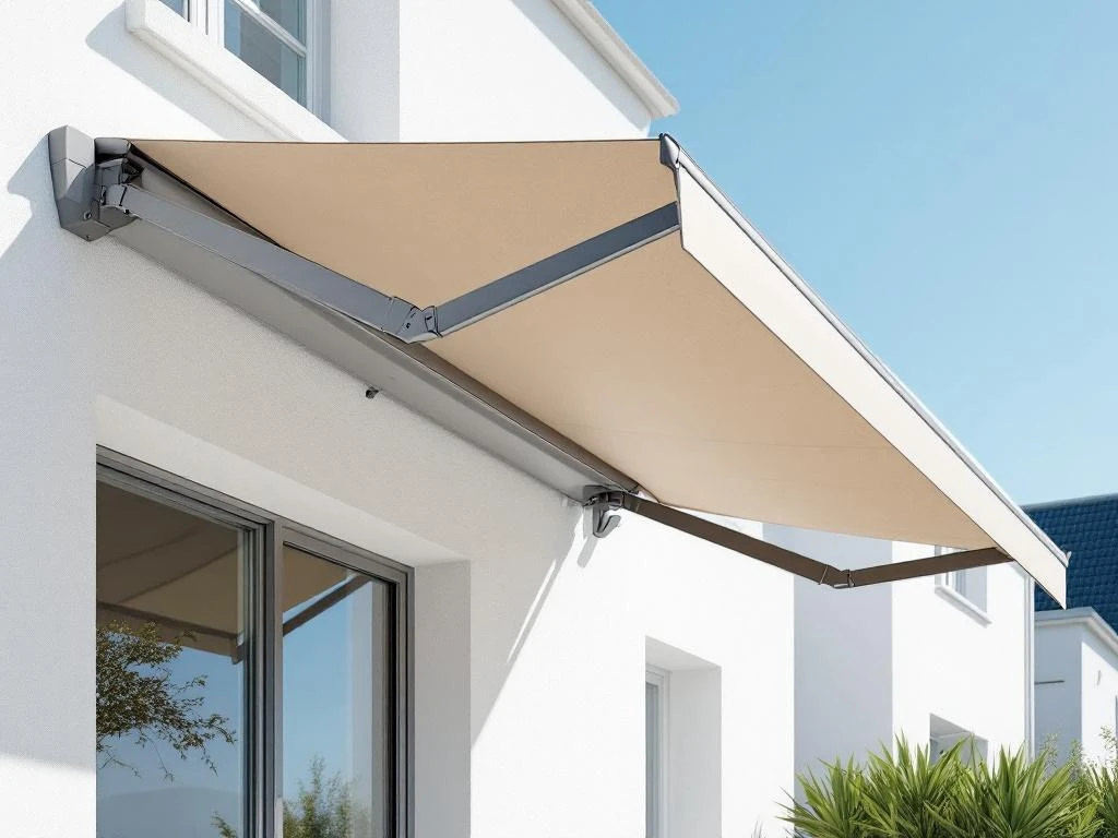 Moderne knikarmscherm met uitklapbare armen gemonteerd op wit gebouw, volledig uitgeschoven boven zonnig terras