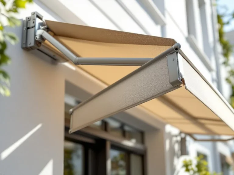 Moderne uitschuifbare zonwering met chromen armen en beige doek gemonteerd op witte gevel