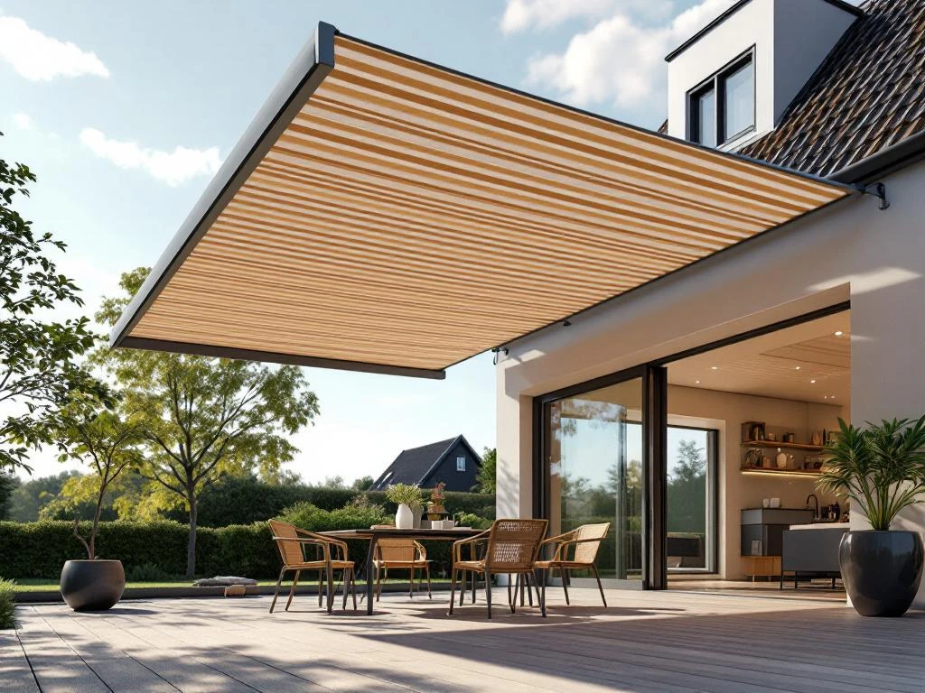 Uitschuifbare zonwering met gestreepte stof in aardtinten boven modern terras met Nederlandse architectuur op achtergrond