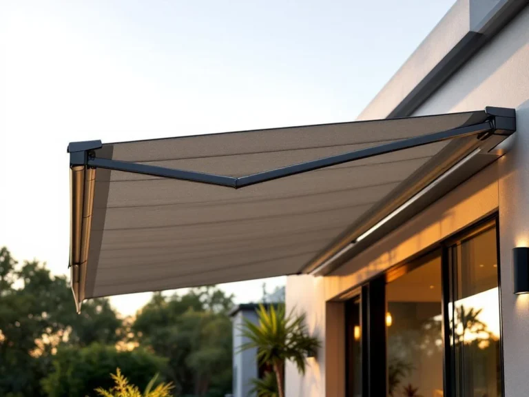 Moderne uitschuifbare zonwering in antracietgrijs over hedendaags terras met aluminium frame en strakke architectuur