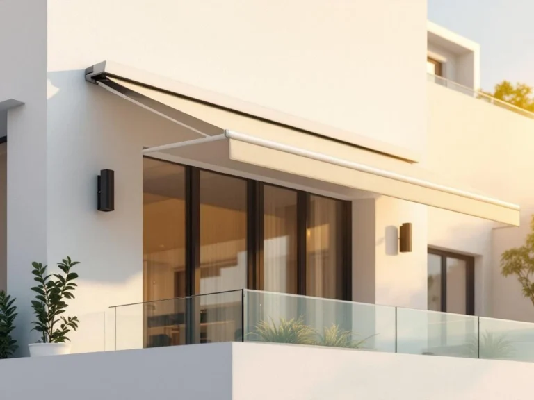 Moderne uitschuifbare zonnescherm met beige doek gemonteerd op wit gebouw boven terras in zonlicht