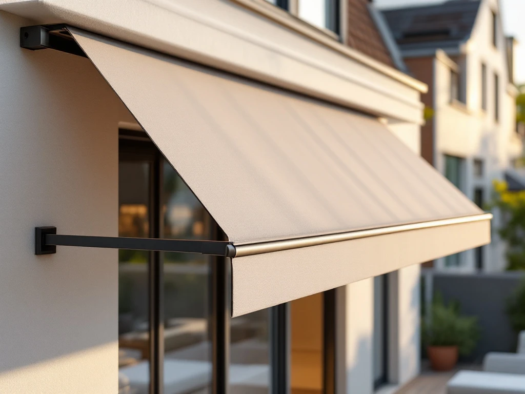 Moderne knikarm zonnescherm met gearticuleerde armen gemonteerd op hedendaagse gevel, neutrale stof, zonnig terras