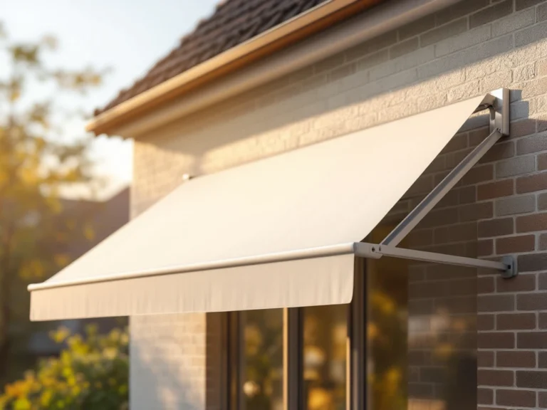 Knikarmscherm met twee gelede armen gemonteerd op moderne huisgevel, strakke doek zonder valletje, professionele installatie zichtbaar