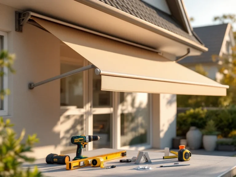 Knikarmscherm met uitschuifbare armen gemonteerd op moderne gevel, installatiegereedschap in voorgrond op zonnig terras