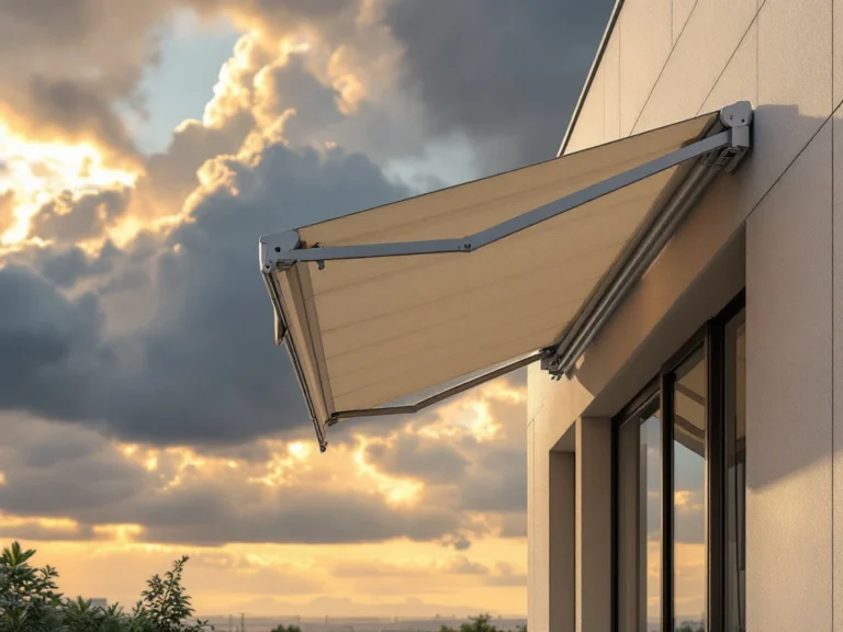 Moderne knikarmscherm met twee steunpalen boven terras tegen dramatische hemel met zonnestralen en stormwolken