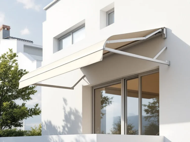 Moderne knikarmscherm met twee uitschuifbare armen en beige luifel gemonteerd op witte gevel bij zonnig terras