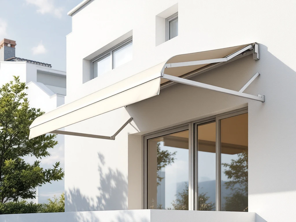 Moderne knikarmscherm met twee uitschuifbare armen en beige luifel gemonteerd op witte gevel bij zonnig terras