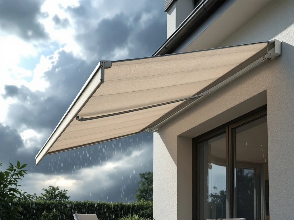 Knikarmscherm met rechte onderkant beschermt terras tegen hagel en regen, gemonteerd aan moderne gevel