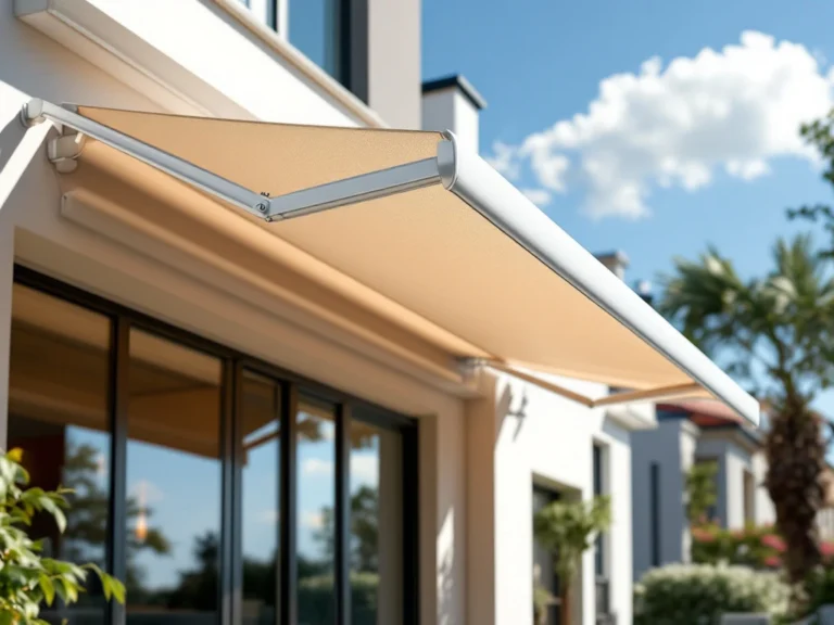 Moderne knikarmscherm met beige zonnedoek gemonteerd aan hedendaagse huisgevel op zonnig terras