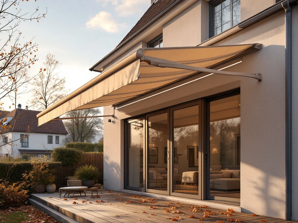 Moderne knikarmscherm met rechte rand gemonteerd op gevelboven terras, herfstbladeren op grond, gouden uurtje verlichting