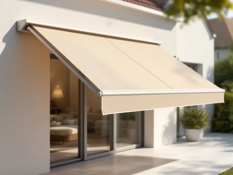 Knikarmscherm met uitschuifbare armen gemonteerd op moderne huisgevel boven zonnig terras