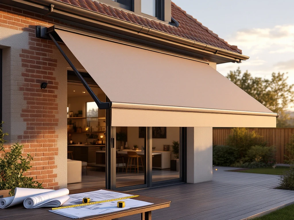 Moderne knikarmscherm met beige doek gemonteerd aan hedendaagse gevel, terras met meetlint en bouwplannen zichtbaar