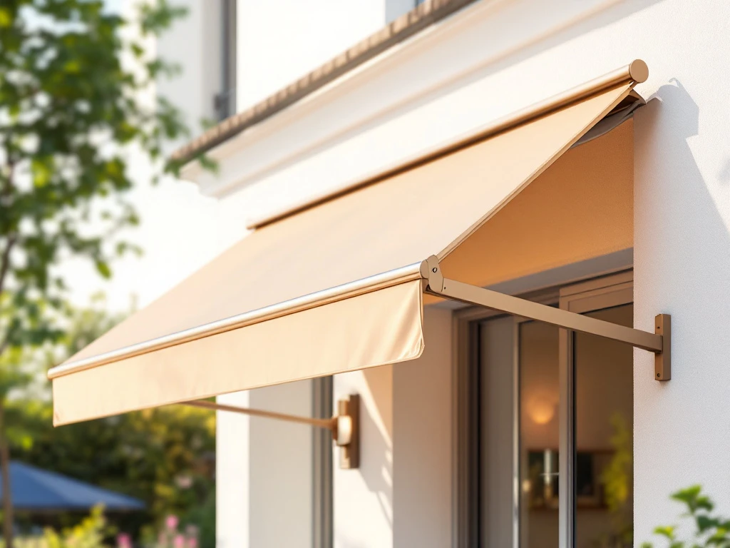 Beige knikarmscherm met twee steeunarmen gemonteerd op witte gevel, volledig uitgeschoven boven zonnig terras