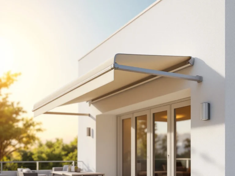 Moderne knikarmscherm met uitschuifbare armen gemonteerd op witte gevel, neutrale markiesdoek werpt schaduw over terras