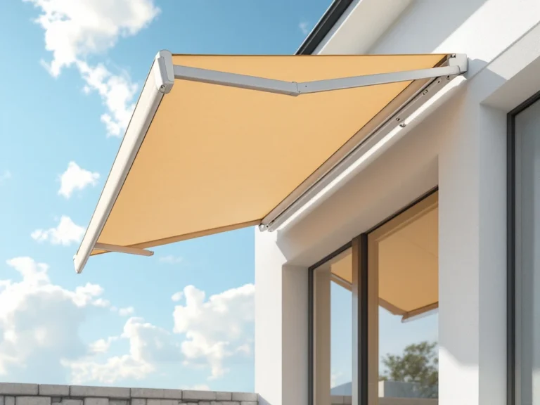 Moderne knikarmscherm met beige luifel gemonteerd op witte gevel, zichtbare verstelbare armen werpen schaduw op terras