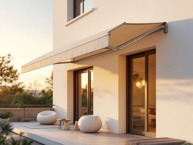 Moderne knikarmscherm met beige luifel gemonteerd op witte gevel, met terras en tuinmeubilair eronder