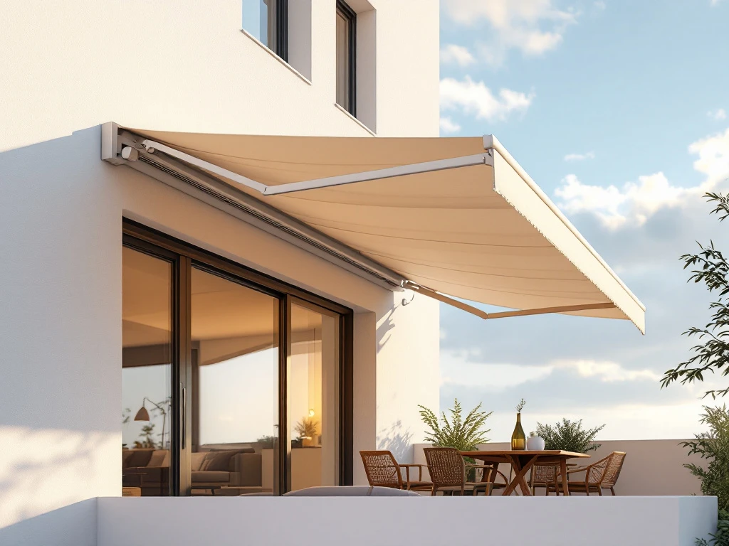 Knikarmscherm met beige doek gemonteerd op witte gevel, volledig uitgeschoven boven modern terras met blauwe lucht