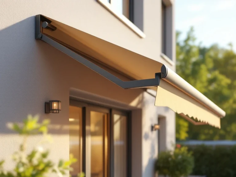 Moderne knikarmscherm met uitklapbare armen gemonteerd op gebouwgevel, neutrale zonwering op zonnig terras