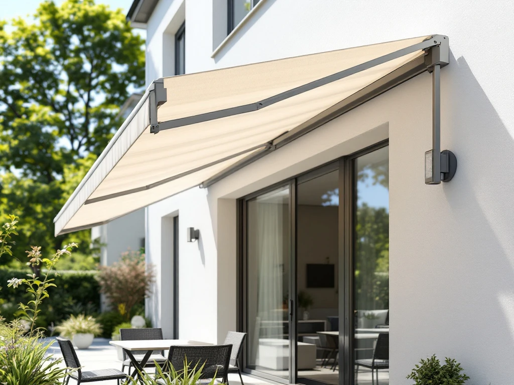 Moderne knikarmscherm aan witte gevel met uitklapbare armen, neutrale stof en terras met tuinmeubilair eronder