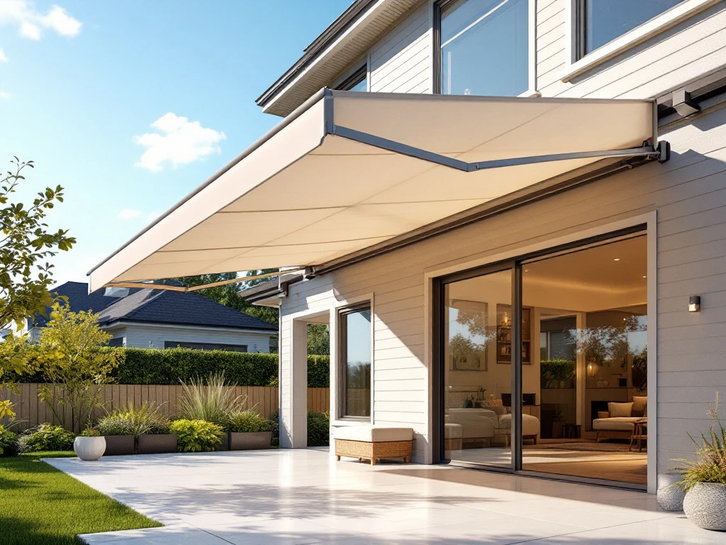 Moderne uitschuifbare zonwering met mechanische armen gemonteerd op hedendaags huis met terras in zonlicht