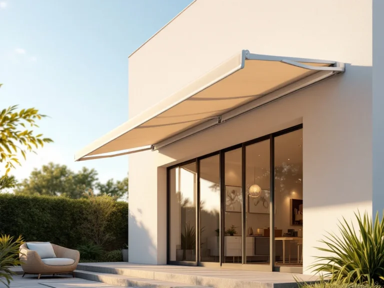Moderne uitschuifbare zonwering met chroom armen aan witte gevel, beige doek werpt schaduw op stenen terras