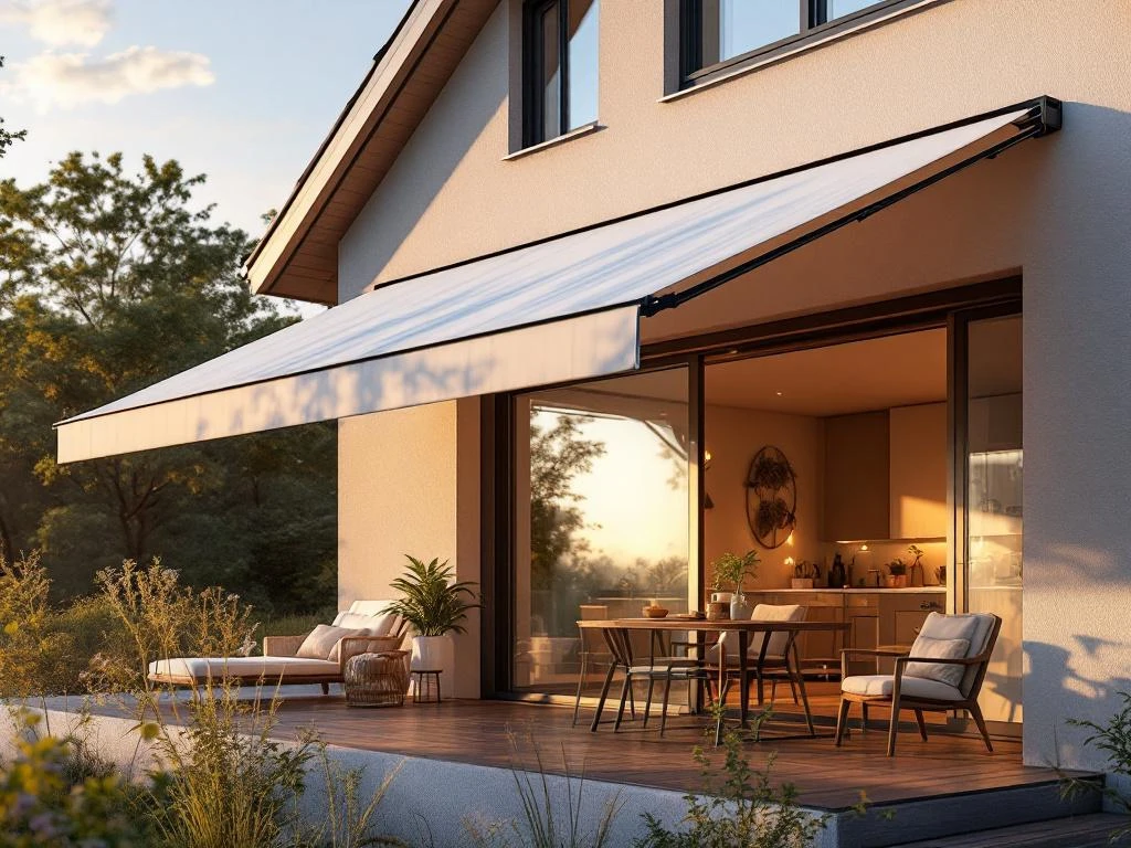 Moderne knikarmscherm met rechte onderkant gemonteerd op hedendaagse huisgevel, verlicht door gouden zonlicht