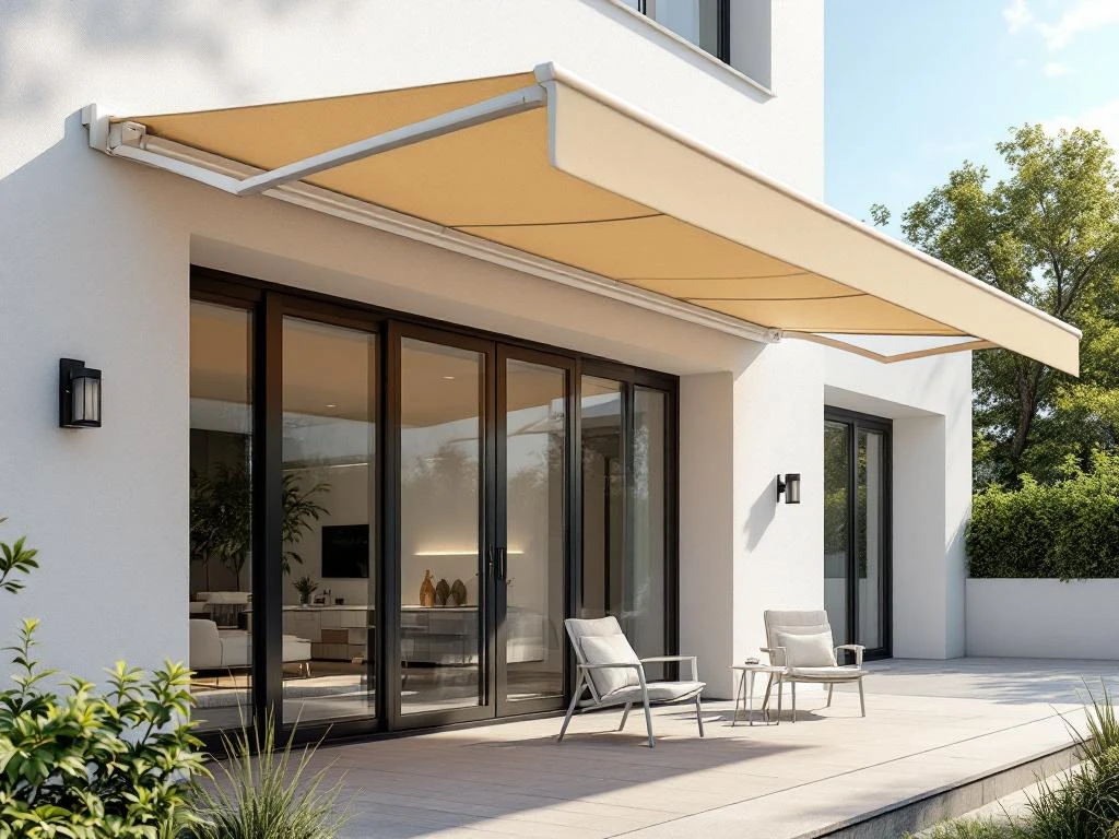 Knikarmscherm met beige doek gemonteerd aan moderne woning, twee gelede armen zichtbaar, terras in schaduw